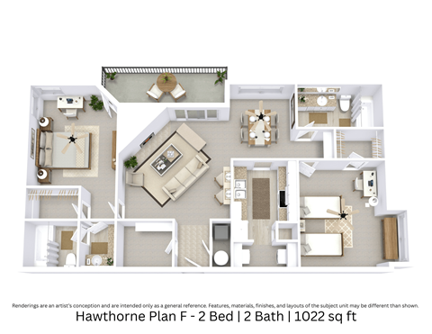 Floor plan for 2 beds, 2 baths, 1022 sqft